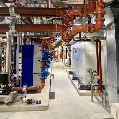 Mechanical pipework connected to equipment within a plantroom.